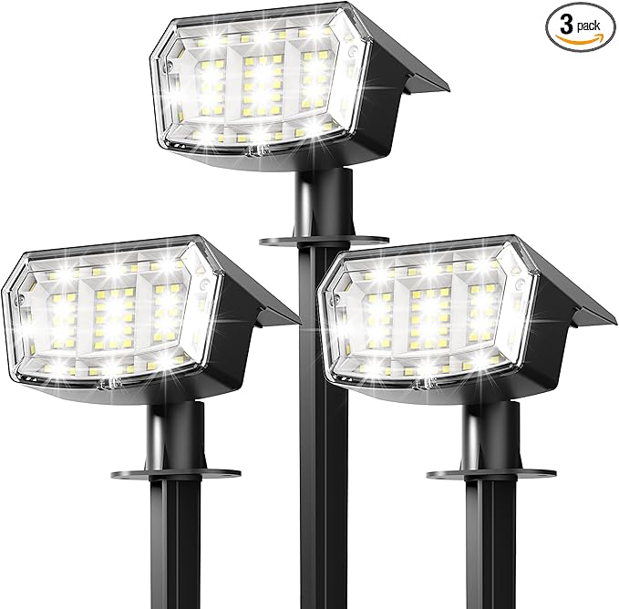 Solar Lights Outdoor Waterproof IP65, 63 LED 3 Lighting Modes Solar Powered Yard Garden Spot Lights for Outside Landscape- 3 Pack (Cool White)