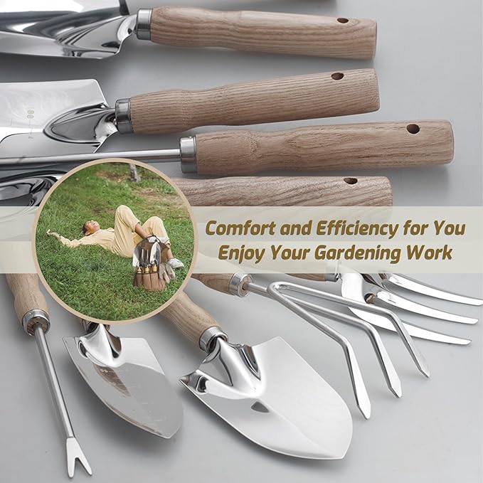 13 PCS Garden Tool Set with Wood Handle, Repotting Mat, Gardening Apron, Storage Bag Tote, Gardening Gift for Women