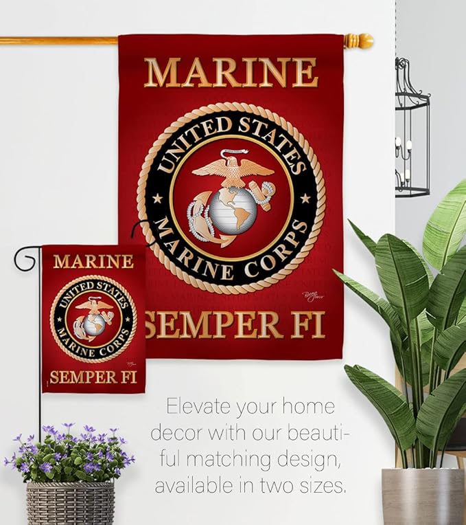 Marine Corps Garden House Flag - Set Armed Forces USMC Semper Fi United State American Military Veteran Retire Official - Decoration Banner Small Yard Gift Double-Sided Made In USA 28 X 40