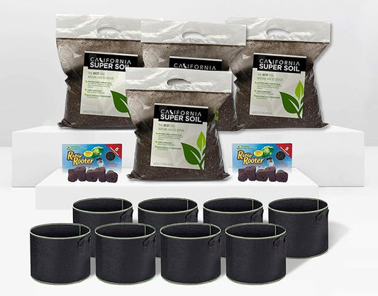 California Hot Soil Premium 100% Organic Super Soil Kit, 18+ Nutrient Blend - No Need for Nutrients or Plant Food Ever - Includes (4) 6 Lbs Bag of CaliHotSoil, (8) 5-Gallon Pots, (10) Rapid Rooters