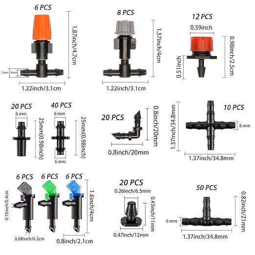 204Pcs Barbed Connectors Irrigation Fittings Kit,Drip Irrigation Barbed Connectors 1/4''Tubing Fittings Kit for Flower Pot Garden Lawn(Straight Barbs,Single Barbs,Tees,Elbows,End Plug,4-Way Coupling)