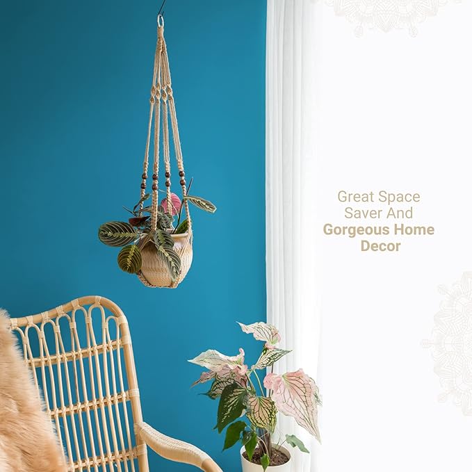 Mkono Macrame Plant Hanger Indoor Hanging Planter Basket with Wood Beads Decorative Flower Pot Holder No Tassels for Indoor Outdoor Boho Home Decor 35 Inch, Brown, Set of 3 (POTS NOT Included)