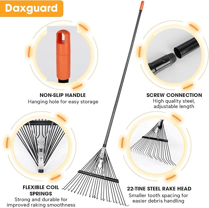 High-Carbon Steel Gardening Leaf Rake, Suitable for Raking Leaves and Lawn Tidying,Adjustable Split Long Handle33-67, 22tines 22.8" Wide,Garden rake and thatch rake Suitable for Adults