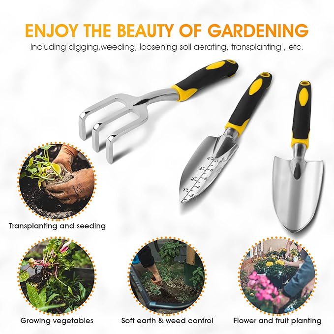iPower 3Pcs Garden Tool Set, Heavy Duty Aluminum Gardening Kit Includes Hand Trowel, Transplant Trowel and Cultivator Hand Rake, Ergonomic Rubberized Non-Slip Handle