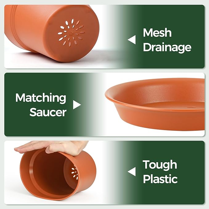 T4U 5 Inch Plastic Planters 18-Pack Small Plant Pot with Drainage Hole and Saucer, Decorative Nursery Flower Pot Bulk for African Violet, Aloe and All House Plants Indoor (Terracotta)