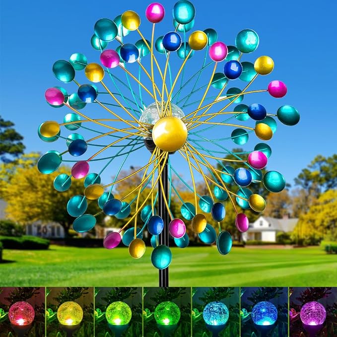 Solar Wind Spinners for Yard and Garden- 58.2 Inch Metal Wind Sculptures Outdoor Clearance Kinetic Windmills with Multi Color Led Glass Ball (Polka Dots)