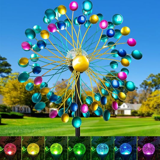 Solar Wind Spinners for Yard and Garden- 58.2 Inch Metal Wind Sculptures Outdoor Clearance Kinetic Windmills with Multi Color Led Glass Ball (Polka Dots)