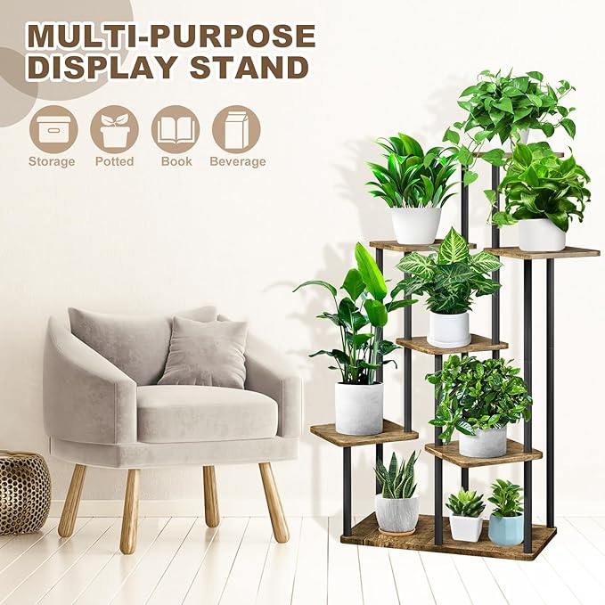 7 Tier Wood Tall Plant Stand Metal Rack Indoor, Multiple Flower Pot Holder Shelves Corner Rack, Planter Shelf Display Rack Storage Organizer for Patio Living Room Balcony Garden(Black)
