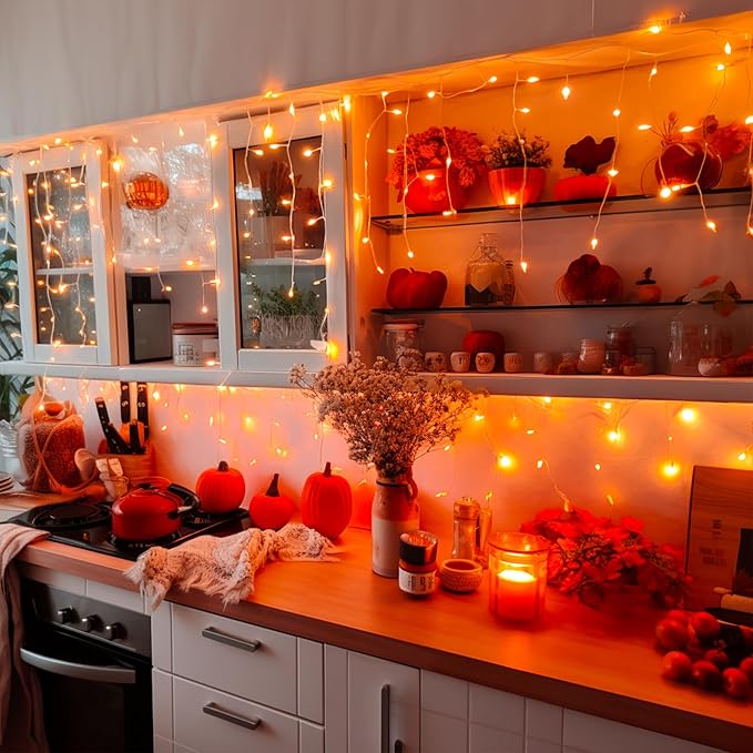 JMEXSUSS Orange Lights for Thanksgiving, 400 LED Orange Icicle Lights Outdoor, 8 Modes Orange Lights with 80 Drops Thanksgiving String Lights Plug in for Fireplace Indoor House Roof Outdoor Holiday