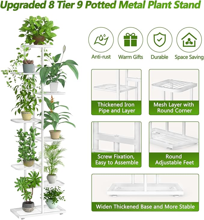 Corner Plant Stand Indoor 8 Tier 9 Potted with Gardening Tools and Gloves, Upgraded Tall Metal Plant Shelf Organizer Outdoor, Multiple Flower Pot Holder Display Rack for Patio, (8 Tier-White)
