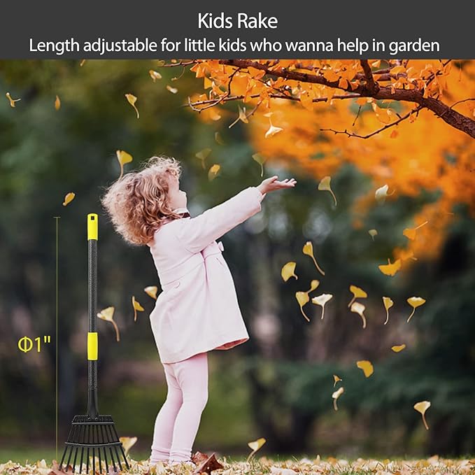 Oliynedy Leaf Rake for Gardening, Adjustable Metal Garden Rake for Leaves Long Handle 30-60", 11 Tines 9" wide Small Lawn Collapsible Yard Adult Kids Rake for Camping Flower Beds Mulch Shrub