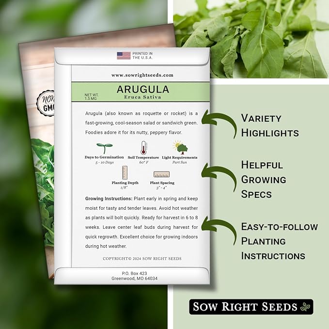 Sow Right Seeds - Arugula Seeds for Planting - Non-GMO Heirloom Seeds with Instructions to Plant a Home Vegetable Garden - Indoors, Hydroponics or Outdoors - Salad Greens - Grow Kitchen Herbs (1)