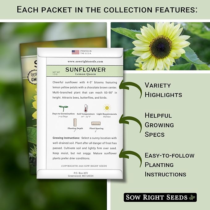 Sow Right Seeds - Large Sunflower Seed Collection for Planting - 6 Varieties of Sunflowers to Attract Pollinators - Non-GMO Heirloom Packet with Instructions to Plant & Grow - Giant Summer Blooms