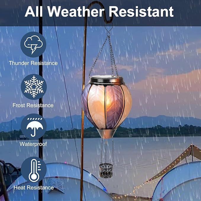 pearlstar Hot Air Balloon Solar Lantern with Flickering Flame Light Outdoor Solar Hanging Lights Waterproof for Garden Yard Farmhouse Outside Decoration,Stained Glass Blue and White