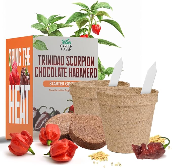 Trinidad Scorpion Chocolate Habanero Grow Kit - All in One Starter Grow Kit - Grow The Hottest Peppers Garden Grow Kit Seeds Included