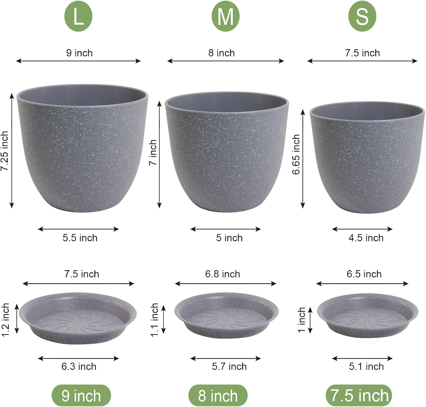 Modern Plant Pots Set, 9/8/7.5 inch Plastic Planters for Indoor Plants, Stylish Flower Pots with Drainage Holes and Saucers for House Plants and Flowers, Grey Speckles