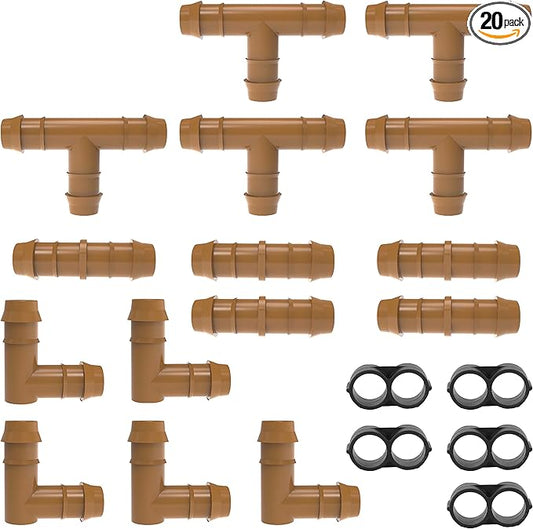 20-Pack USA Made - Drip Irrigation Brown Barbed Tee, Elbow, Coupling & End Cap Fittings Kit - Fits 1/2” Inch, 17mm .600” ID Drip Tubing (20 Piece Mixed Kit)