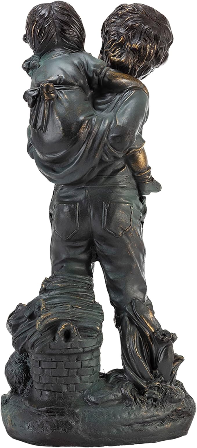 Alpine Corporation 16" Tall Indoor/Outdoor Patina Finish Piggyback Kids Yard Statue Decoration