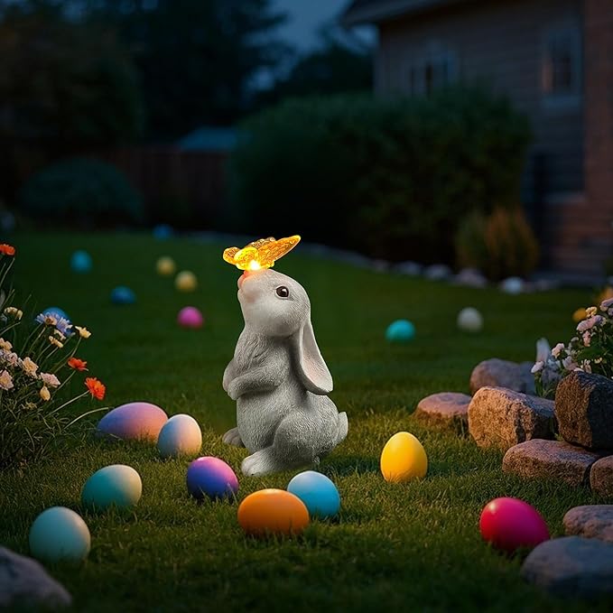 Attivolife Garden Solar Outdoor Statues Rabbit Light, Bunny with Butterfly & 7 Color Change Lamp, Patio Easter Ornament for Lawn Balcony Porch Yard Art Decor, for Mom Grandma