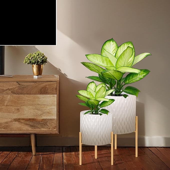 ARNIS Plants Pots with Stand, Set of 2 Indoor Planter Pots, Unique Mid Century Decorative Metal Flower Pots with Drainage,8.25 & 10.5 Inch, Grey and White