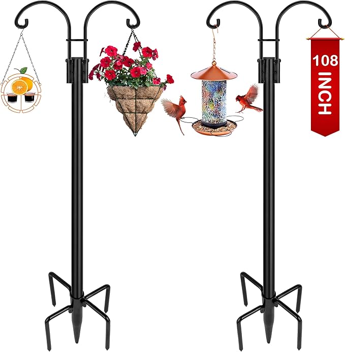 XDW-GIFTS Double Shepherds Hooks for Outdoor, 2-Pack Heavy Duty Garden Pole for Hanging Bird Feeder, Plant Baskets, Solar Light Lanterns, Garden Plant Hanger Stands with 5 Base Prongs