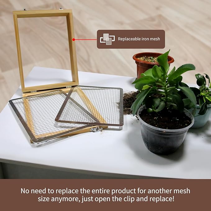 Soil Sifter 13.8"x10.2" for Garden: Wooden Dirt Sifter Replaceable Iron Mesh(0.25" & 0.47"), Multipurpose Handheld Compost Rock Sifter for Flowers, Fruit, Vegetable Plant Pots Gardening Tools