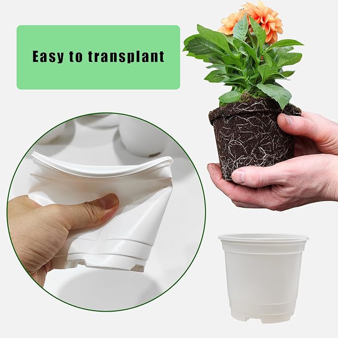 10CM White Seedling Pots 4 inch New Material Planter Pots 50 Pcs, Soft and Sturdy Bottom Transplanting Pots with 50Pcs Screen Pads（50Pcs,4Inch,White