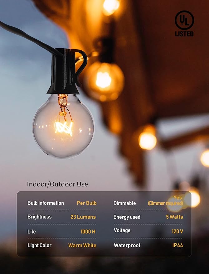 Brightown Outdoor String Lights, 25 Ft Globe Patio Lights with 25 Edison Glass Bulbs, UL Listed Waterproof Hanging Outside Lights for Backyard Balcony Party Decor, Not Connectable, 2 Pack