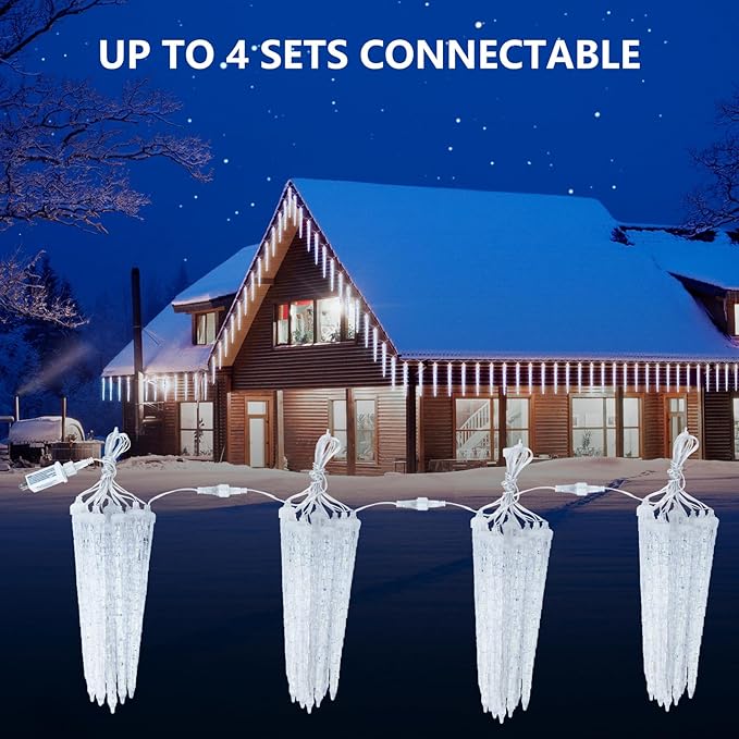 Christmas Icicle Lights Outdoor, 10ft Meteor Shower Lights with 10 Large Tube 240 LED Dropping Lights Effect, Falling Crystal Christmas Decorations for House Eave Roofline, Warm White