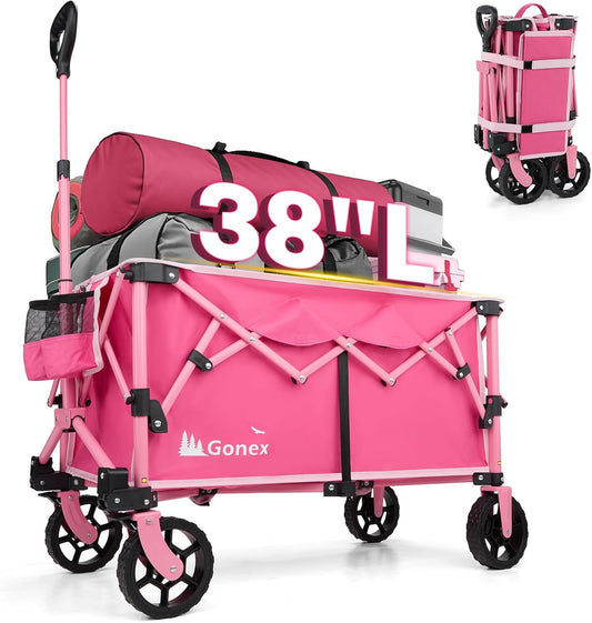 Gonex 38''L Extra Long Collapsible Foldable Wagon Cart with 360lbs Weight Capacity, 220L Folding Utility Garden Cart with Detachable Wheels for Grocery Sports Shopping Camping - Pink