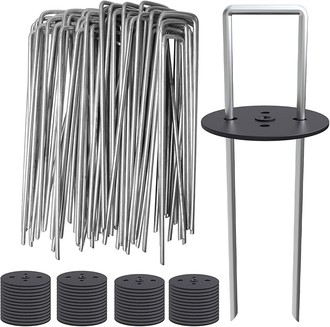 MySit 50 Pack Vapor Barrier Stakes with Landscape Staples Gasket Caps, 6 Inch Weed Barrier Stakes for Moisture Barriers, Garden Ground Staples for Weed Block Landscaping Lawn Fence Pins