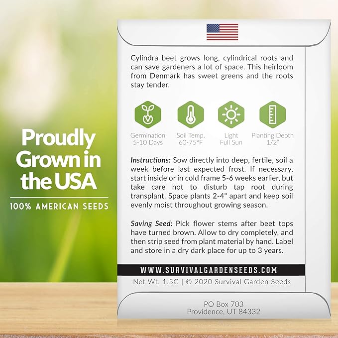 Survival Garden Seeds - Cylindra Beet Seed for Planting - 5 Packs with Instructions to Plant and Grow Dark Red Beets in Your Home Vegetable Garden - Non-GMO Heirloom Variety - Vegetable Seed