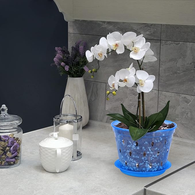 Orchid Pot, 6.7 Inch 8 Pack Orchid Pots with Holes and Saucers,Plastic Orchid Planter - Blue Sapphire