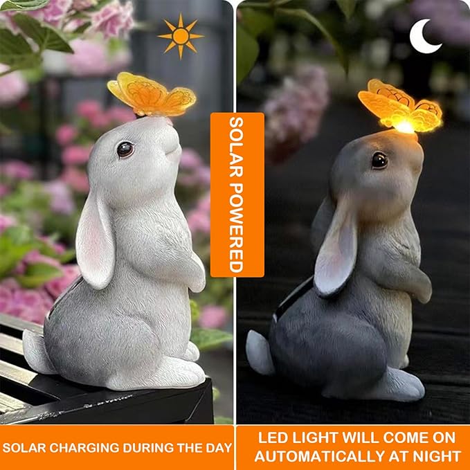 Solar Outdoor Garden Statues Decor-Rabbit Statue with Solar Butterfly Light 7 Colors Change for Patio Lawn Ornament Thanksgiving for Mom Grandma Kids, Bunny with Color Change