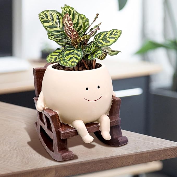Smile Face Rocking Chair Planter Pot for Indoor Outdoor Plants, Unique Sit Rocking Chair Succulent Flower Pots, Cute Head Planters with Drainage Hole - Gift IdeaI for Mother and Grandma