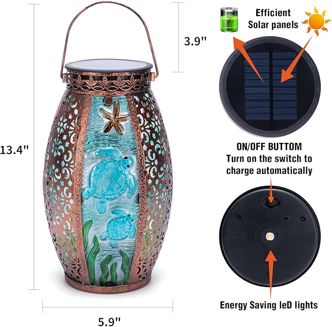 Larekook Outdoor Solar Lantern-Waterproof Turtles Hanging Metal Decorative Lights for Patio Table Garden Pathway Yard with Super Bright Warm White LED,Large Solar Panels,Auto On/Off Sensor