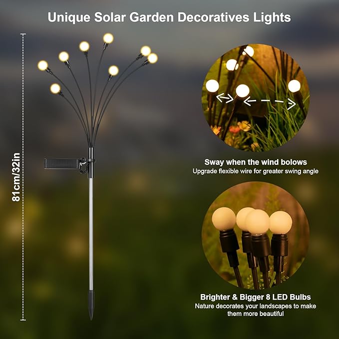 ASMAD Solar Garden Lights (2-Pack, 16 LEDs), Decorative Swaying Lights with Firefly Effect for Patio, Pathway & Outdoor Decor