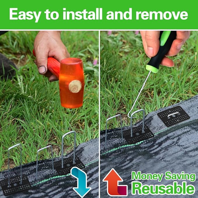 Bakulyor 100 Pcs Landscape Staples + 100 Pcs Gasket, 6 Inch Garden Stakes Staples 11 Gauge U Shaped Galvanized Lawn Landscape Pins, Heavy Duty Yard Ground Pin for Weed Barrier Sod Fabric Decorations