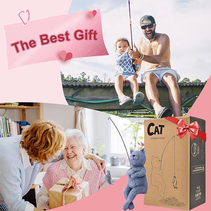 Goodeco Fishing Cat Garden Statue – 10" Little Cat Fisher for Garden Pond Decor, Poolside Statue with Glow in Dark Pebbles Included,Great Gifts for Mom, Women & Birthdays (Cat)