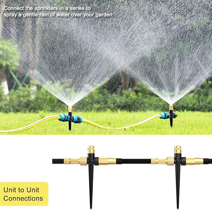 FANHAO Metal Lawn Sprinkler for Yard, 2 Pack Automatic Garden Water Sprinkler on Spike Base, Adjustable Brass Sprinkler Nozzle 360 Degree Large Area Coverage for Lawn Grass Patio Garden Irrigation