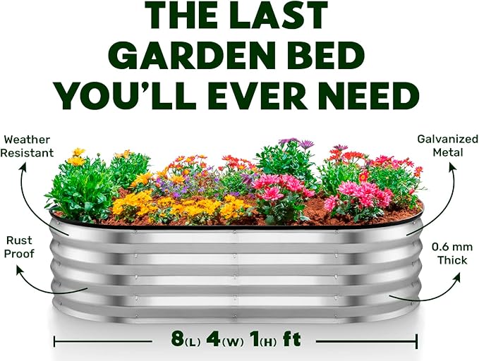 Galvanized Raised Garden Beds Outdoor // 8×4×1 ft Planter Raised Beds for Gardening, Vegetables, Flowers // Large Metal Garden Box (Silver) // Patented Tool-Free Design