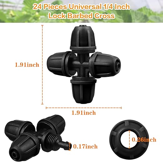 Upgraded 1/4" Drip Irrigation Cross Fittings：24 Pieces Leak Free Lock Barbed 4 Way Tee Connectors for 1/4 Inch Irrigation Tubing Quick Connect Parts for Garden Landscape System