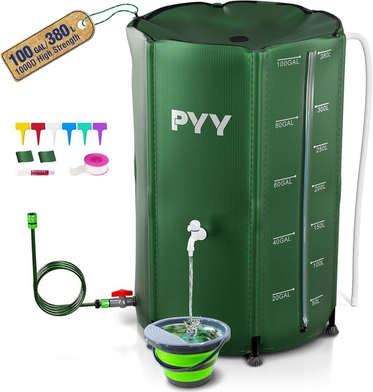 PYY Rain Water Collection Barrel - 100 Gallon Green Water Storage Tank with Spigots, Hose and Portable Bucket, Large Plastic Collapsible Rain Catcher Catchment System to Collect Rainwater from Gutter