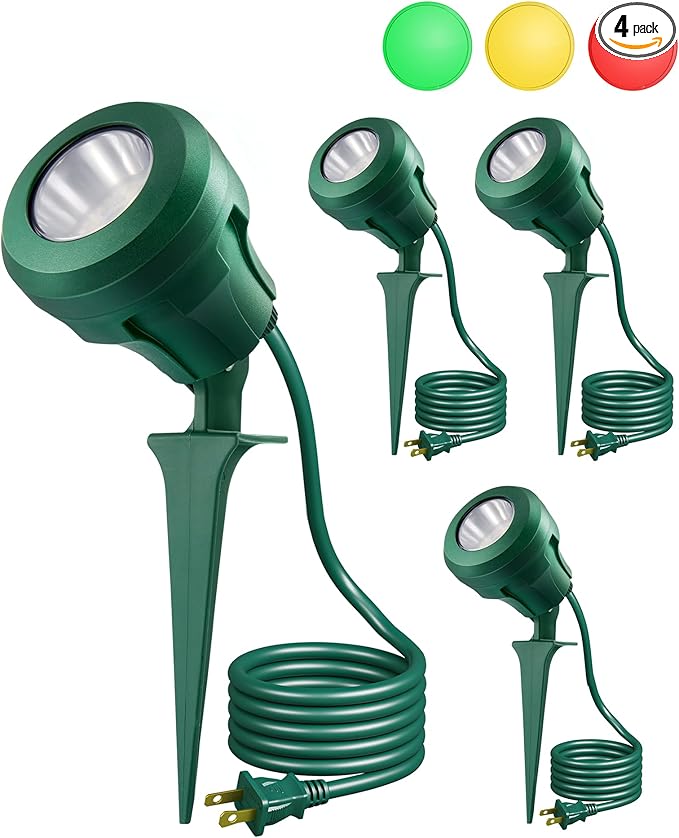 EDISHINE 120V Outdoor LED Spotlights, 4.8W Plug in Spotlight with 3 Lenses (Red Green Yellow) & 180° Rotatable Lamphead, 5000K Waterproof Landscape Lights for Flag Garden, 4 Pack