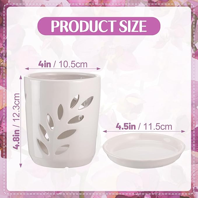 Aulock 4in Ceramic Orchid Pot with Holes - Decorative Orchid Pot Leaf Hollow with Saucer, Excellent Air Circulation, for Dendrobium Oncidium Cattleya Repotting Indoor Outdoor