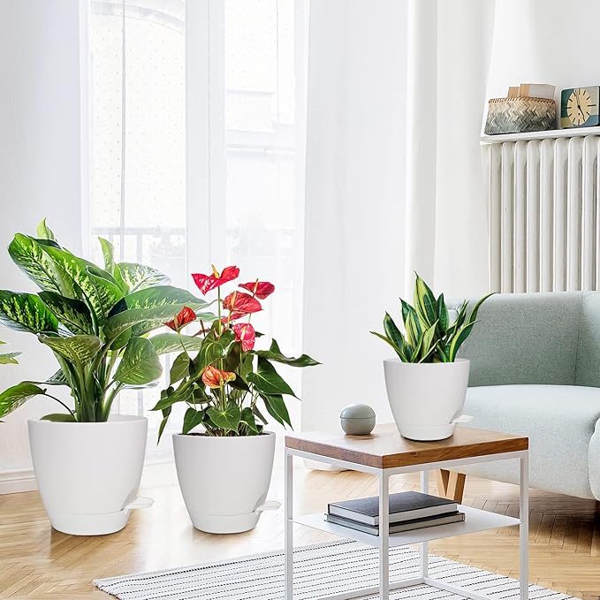 Planters for Indoor Plants, 8/7/6.5/6/5.5/5 Inch Self Watering Planters with Drainage Hole, Plastic Planters Flower Pots for Indoor Outdoor Plants (Matte White)