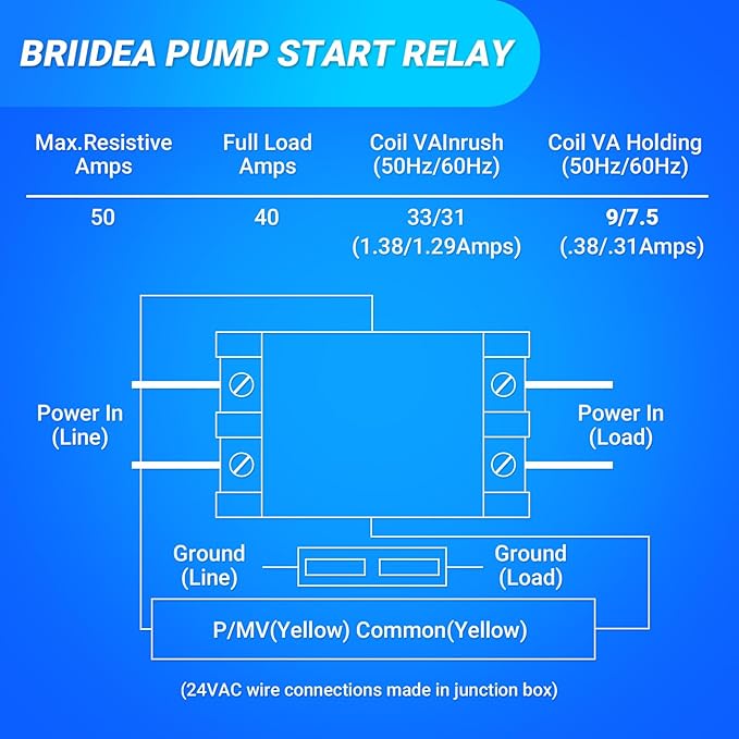 Briidea Irrigation Pump Start Sprinkler Relay, Waterproof Box, 2-Pole AC Contactor, 40A 24V Coil, Compatible with Pumps Up to 5HP