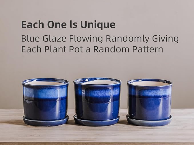 6 Inch Plant Pot: Ceramic Planter with Drainage Hole & Saucer for Indoor Outdoor Plants - Flowerpot with Bonded Tray for Home Office - Blue Reactive Glaze