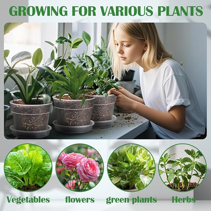 12 Pack 7 Inch Clear Nursery Pots with Saucer, Transparent Plastic Plant Pots with Drainage Holes, Sturdy Plant Starter Pots, Garden Planter Pot for Planting Succulents Flowers Herb Vegetables