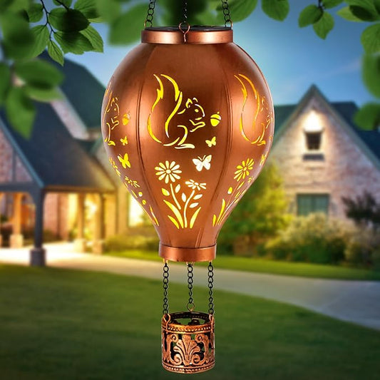 Squirrel Solar Lights Outdoor Waterproof Hot Air Balloon Metal Hanging LED Lantern Decoration Garden,Patio,Yard,Porch for Christmas Decor Gifts for Women Mom Friends